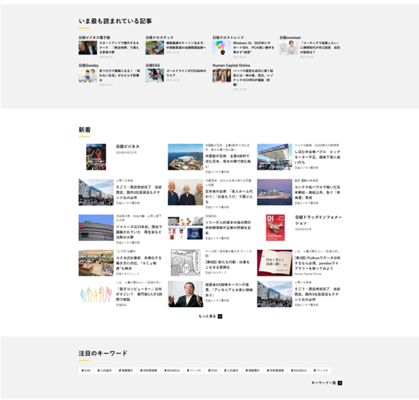「いま読まれている記事」「新着」「注目のキーワード」