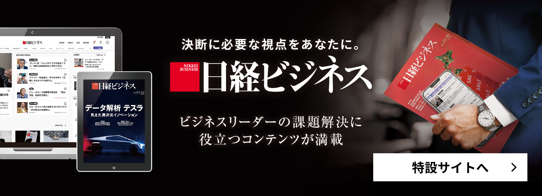 決断に必要な視点をあなたに。日経ビジネス　ビジネスリーダーの課題解決に役立つコンテンツが満載　特設サイトへ